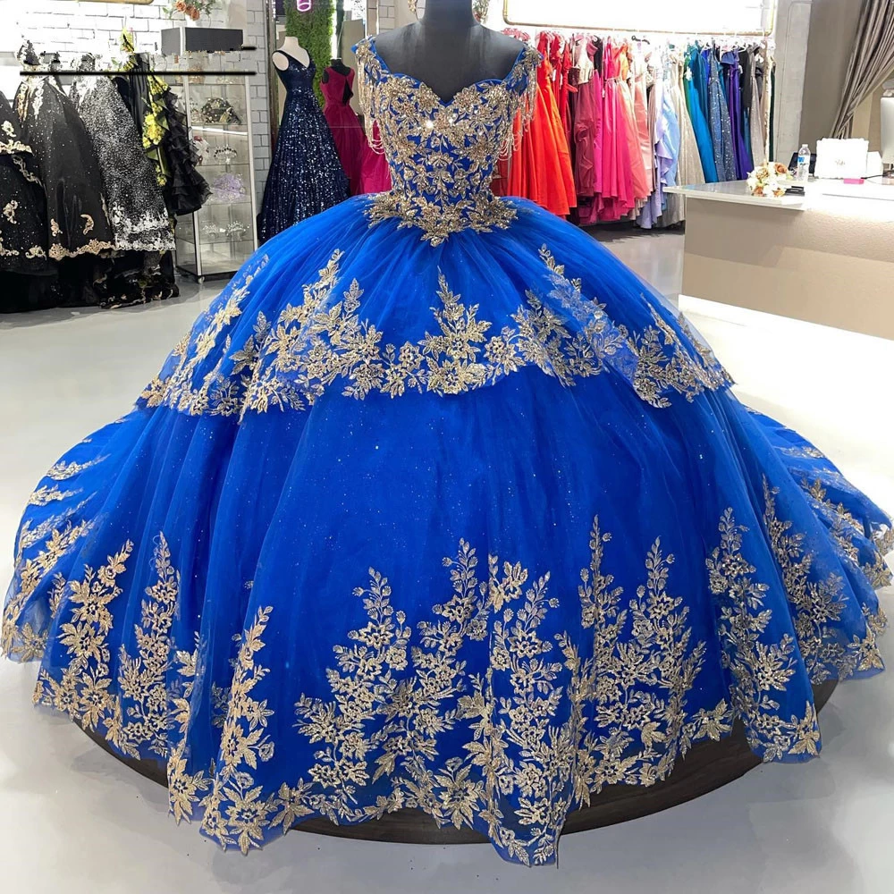 Long Train Tulle Skirt Quinceanera Dress with Gold Appliques