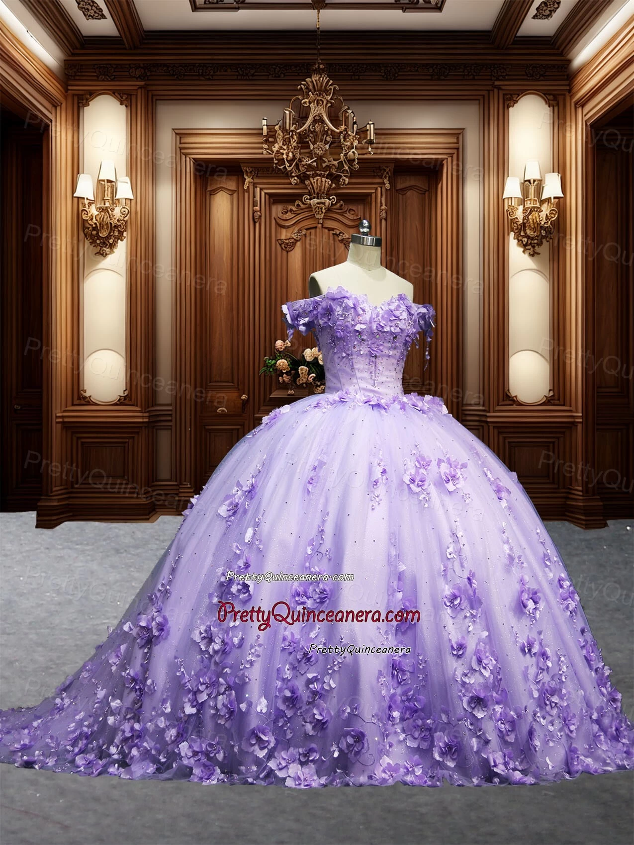 Beautiful Off the Shoulder Light Purple 3D Flowers Quinceanera Dress with Train