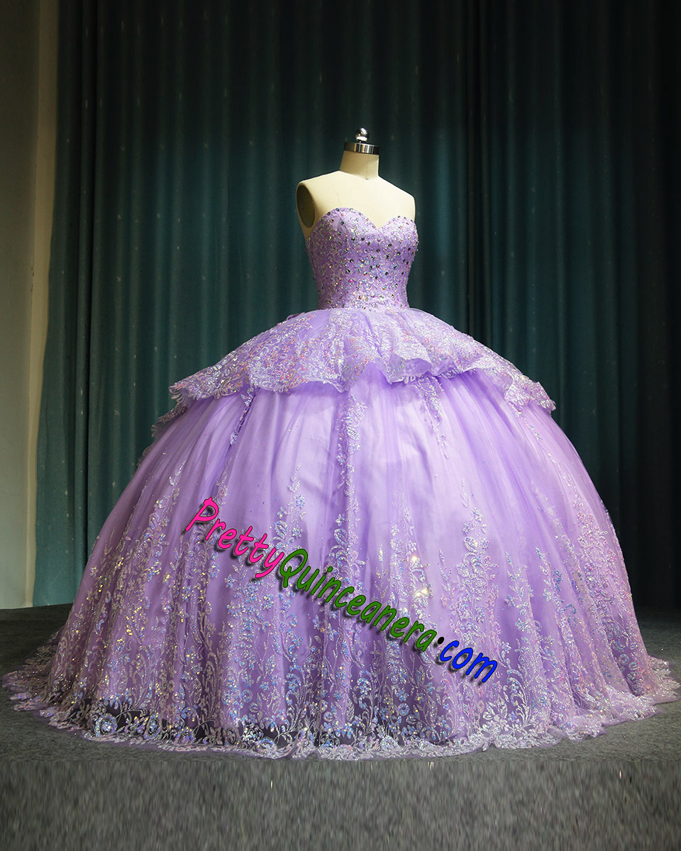 Glitter Tulle Light Purple Sweetheart Detachable Puff Sleeves Quinceanera Dresss