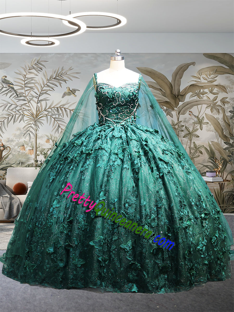 Emerald Green Butterfly Themed Silver Beaded Quinceanera Dress with Cape