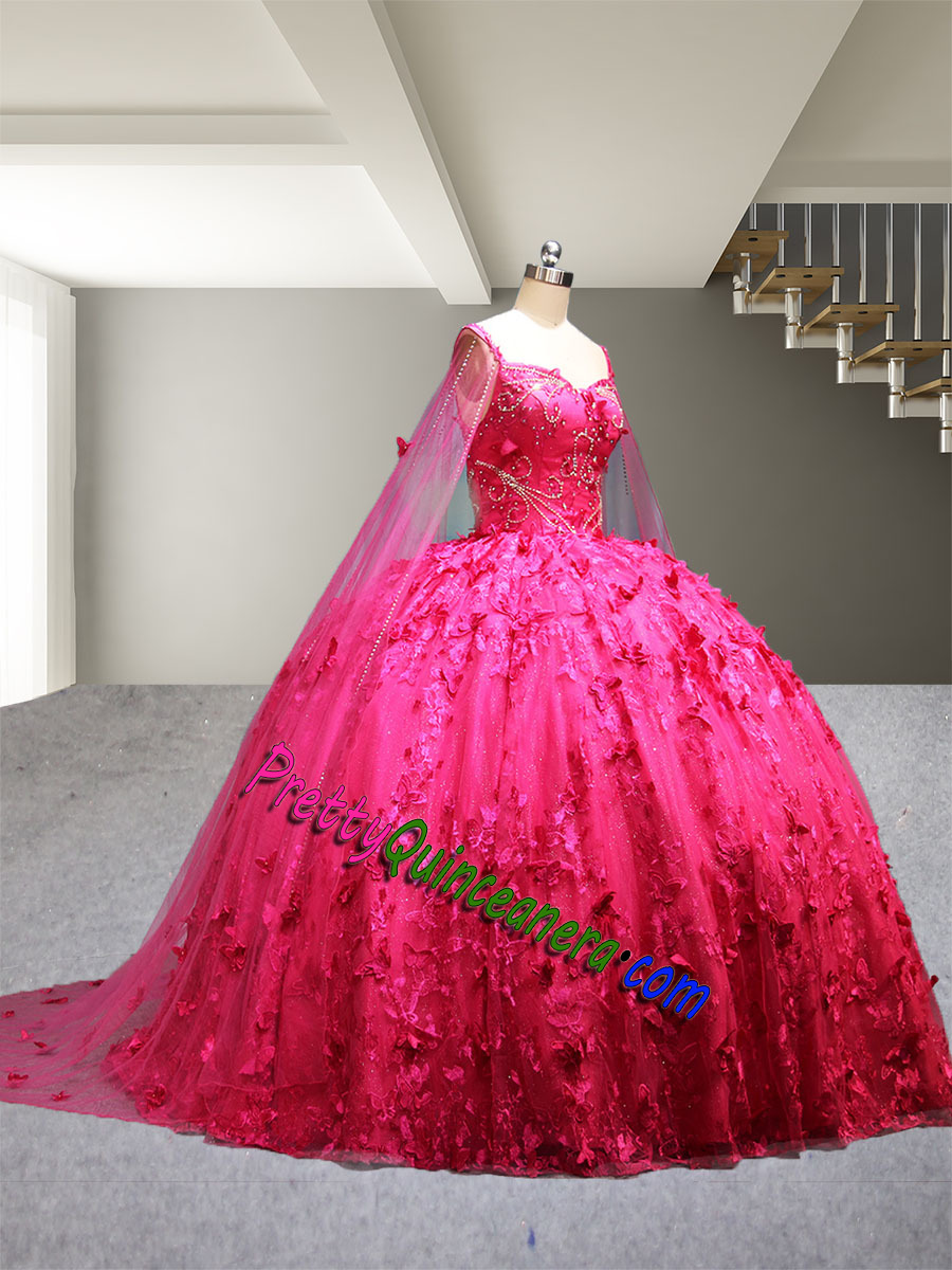 Hot Pink Puffy Butterfly XV Quinceanera Gown with Cape