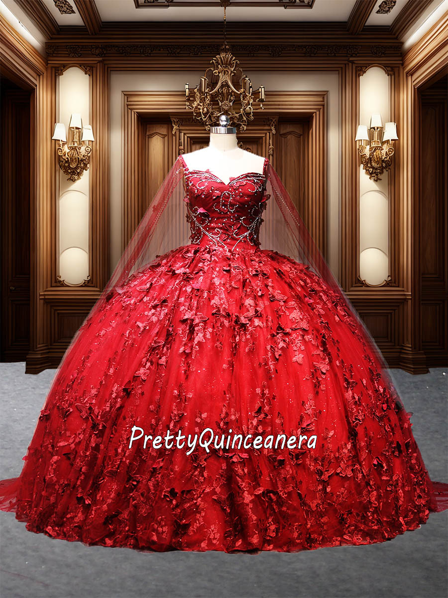 Perfect Wine Red Butterfly Lace Spaghetti Straps Quinceanera Dress with Cape