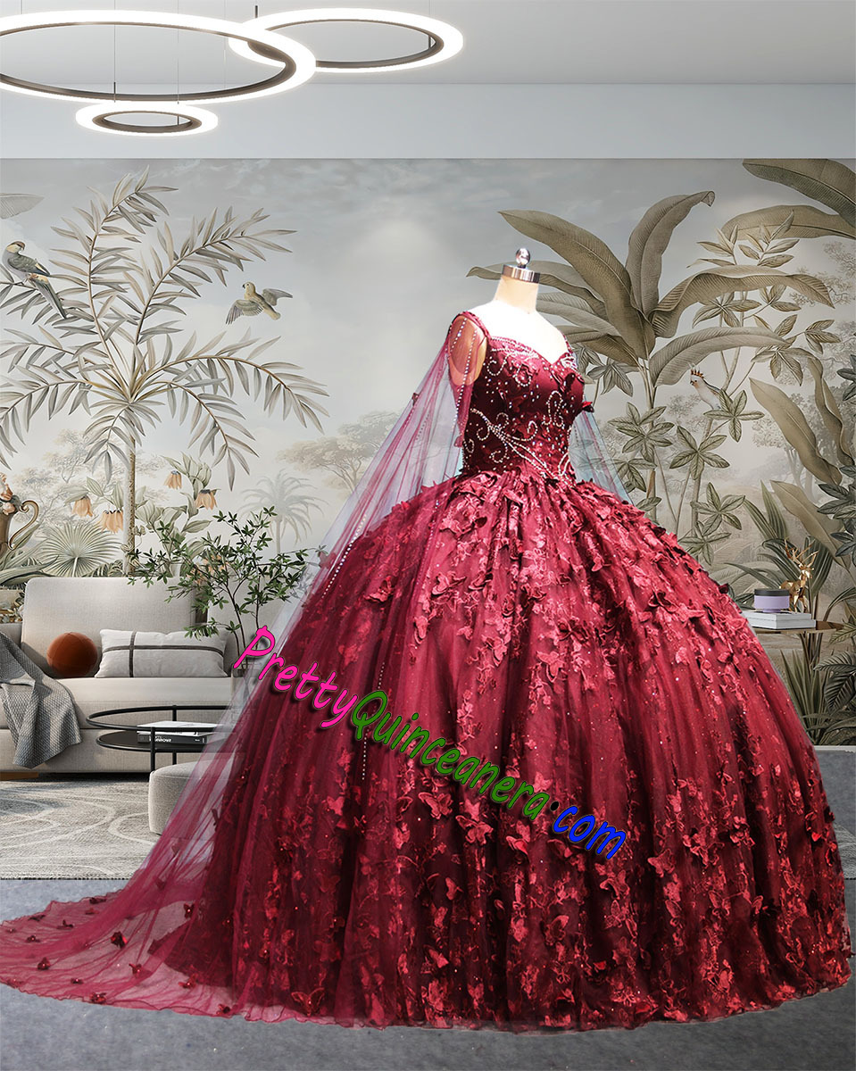 Stunning Dark Red 3D Butterflies Tulle Ball Gown Burgundy Quinceanera Dress with Cape