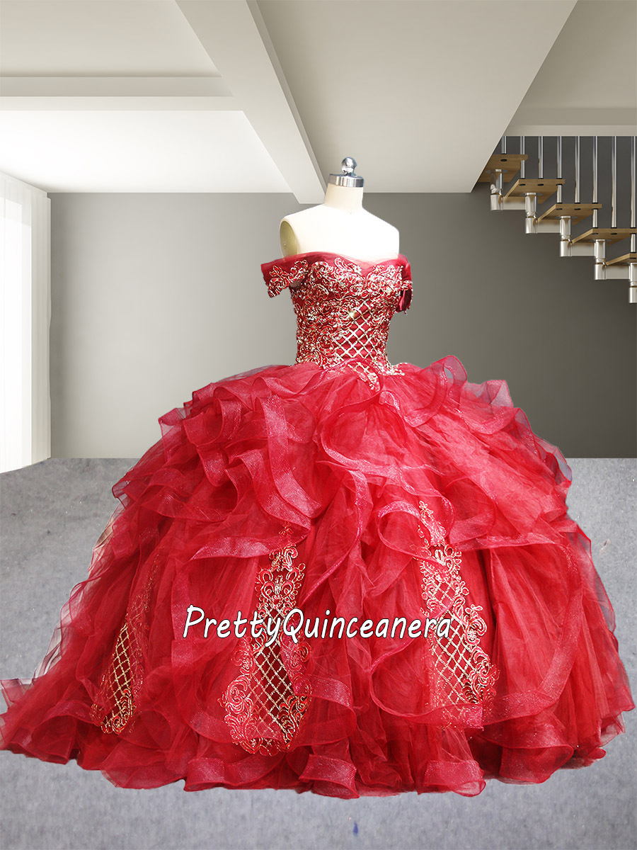 Wine Red Puffy Ruffles Off the Shoulder Quinceanera Dress Wholesale One Piece