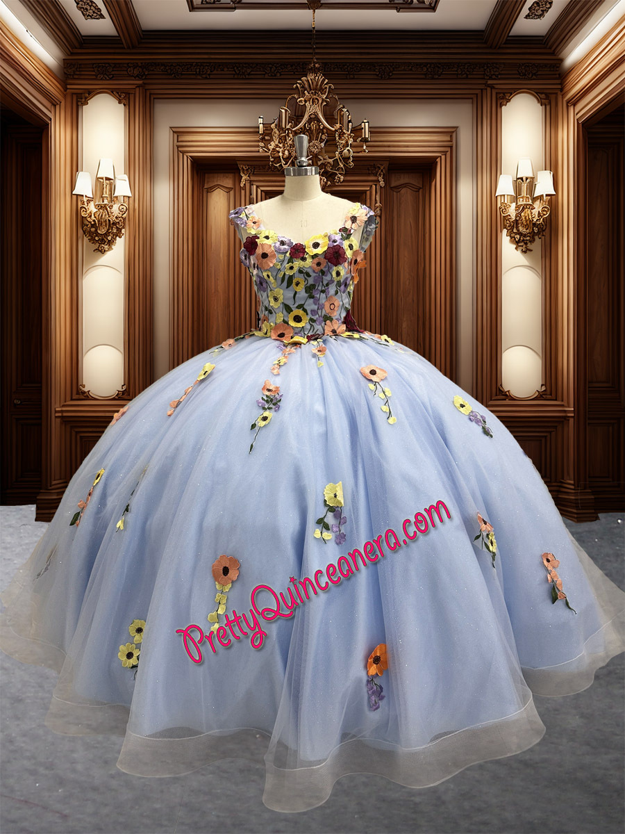 Affordable Light Blue Multicolor Floral Embroidered Quinceanera Dress