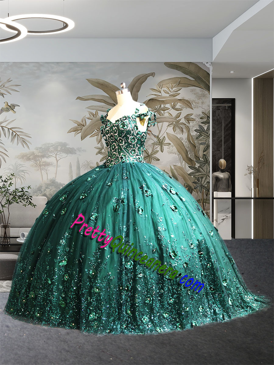 Custom Tailor Emerald Green Crystal Beaded Glitter Lace Quinceanera Dress with Floral Applique