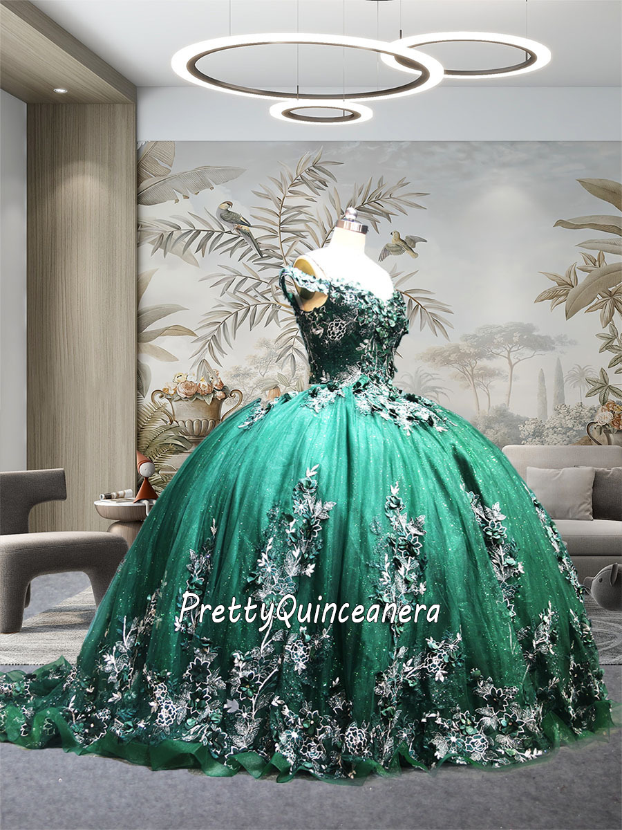 Emerald and Silver Lace Princess Three-dimensional Flowers Quinceanera Dress