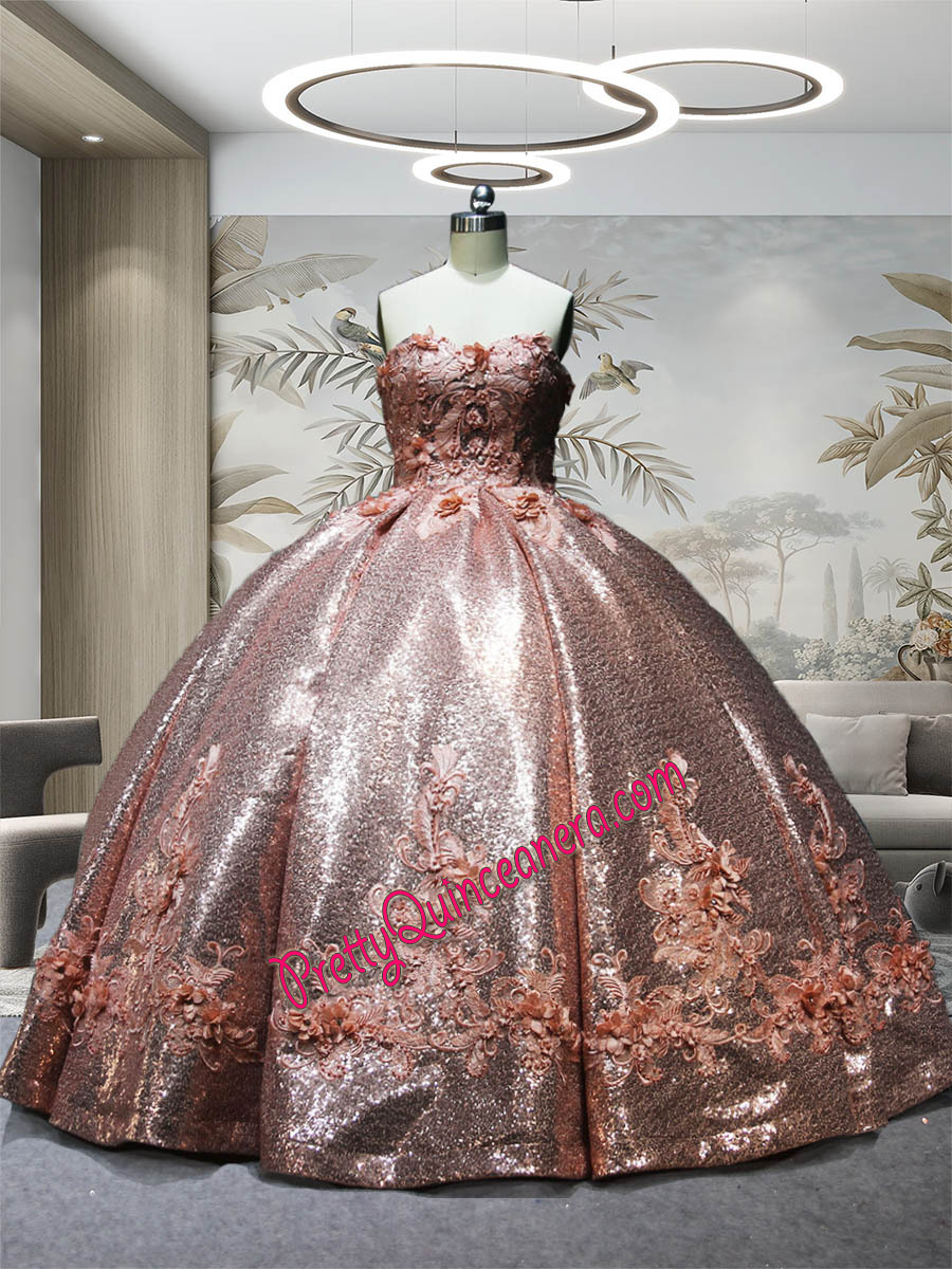 Full Sequined Sweetheart Rose Gold Quinceanera Dress with Flower Appliques