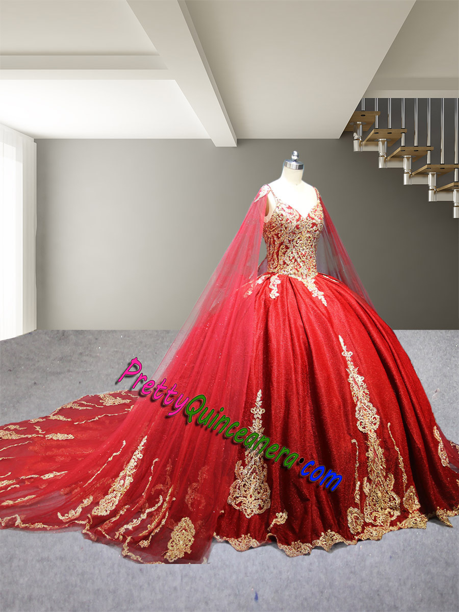 Shimmering Red Traditional Embroidery and Sheer Lace Train Quinceanera Dress with Long Cape