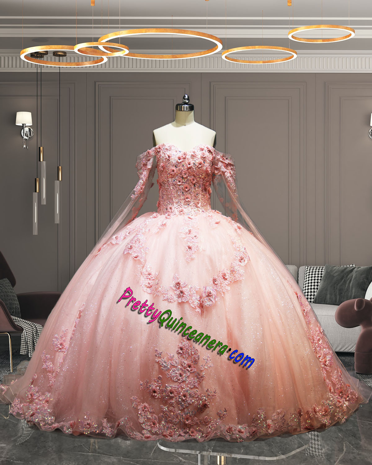 Blush 3D floral Quinceanera Dress Detachable Sleeves Shimmering Tulle with Floral Print
