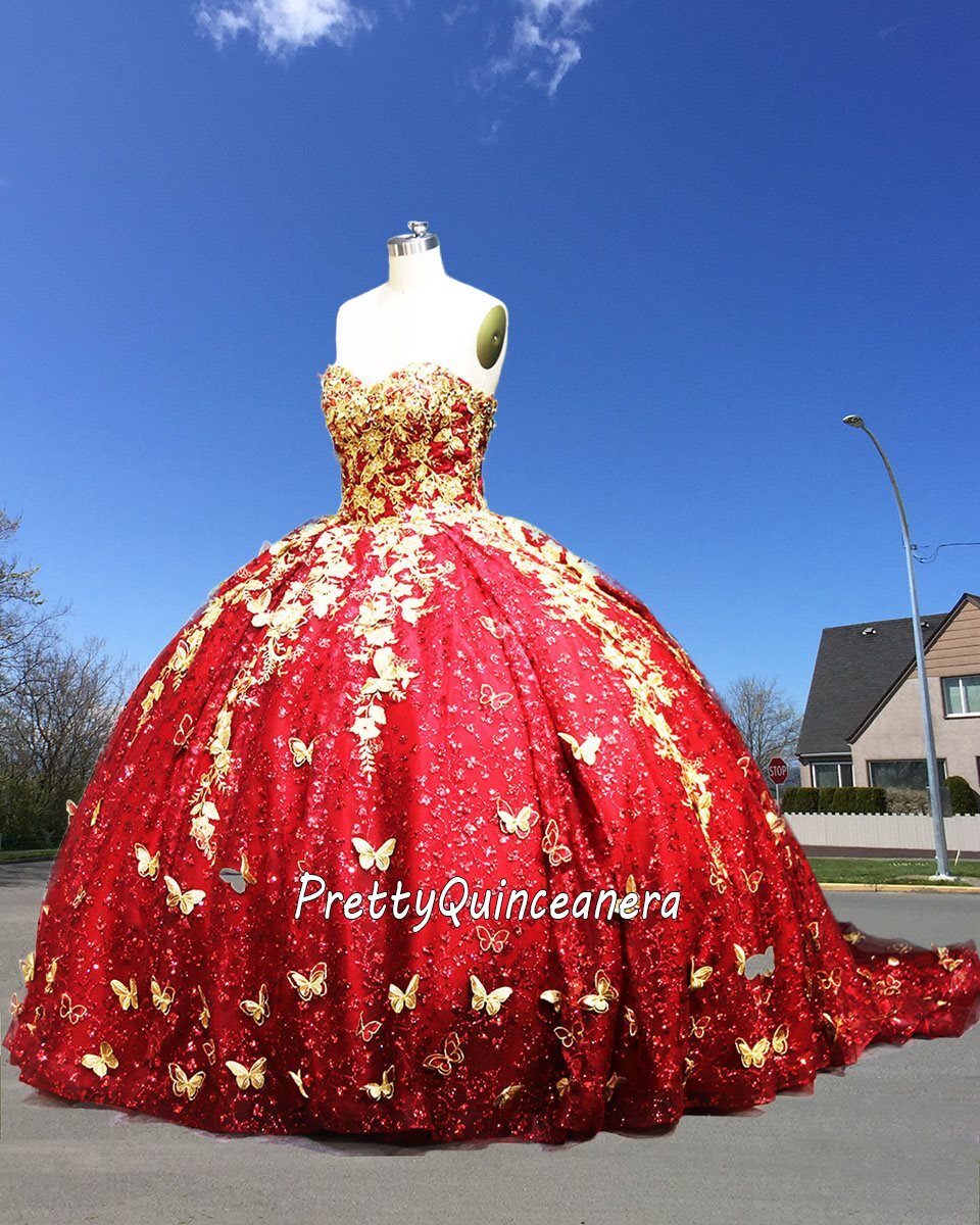 Pattern Sequin and Glitter Butterfly Themed Quinceanera Dress with Train