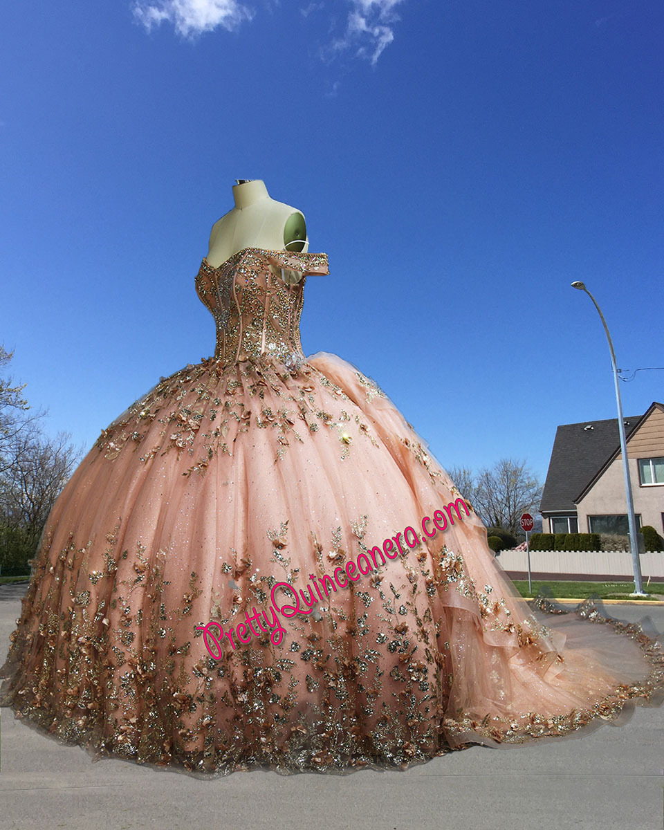 Rose Gold Glitter Tulle 3D Floral Breathtaking Stone Accents Quinceanera Dress