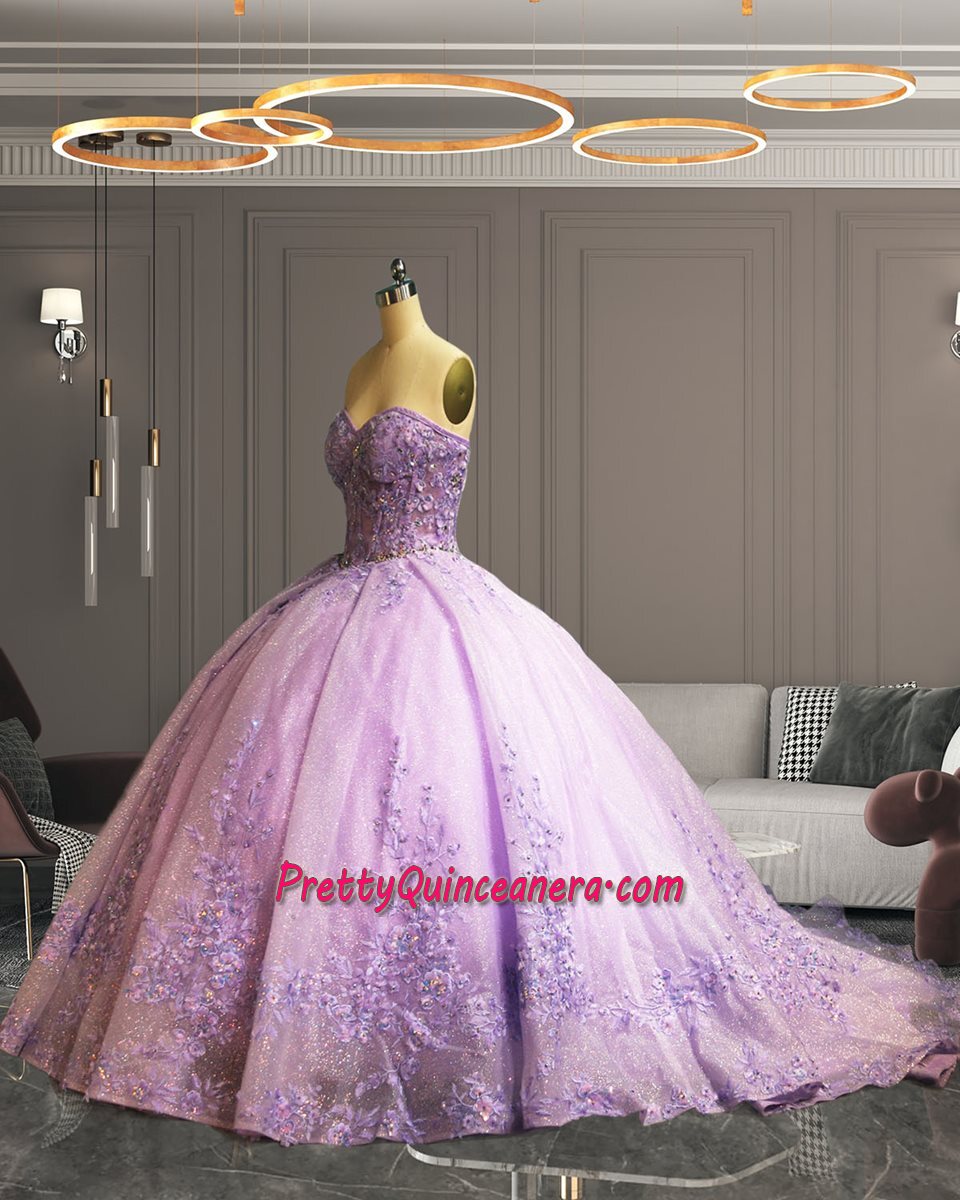 Dazzling Beaded Lilac Quinceañera Gown with Sweetheart Neckline and Floral Accents