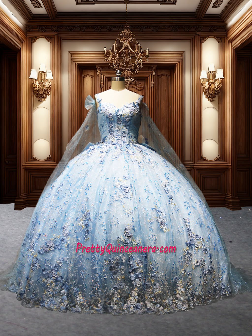 Enchanting Strapless Light Blue Floral Accents Quinceanera Dress with Cape and Detachable Straps