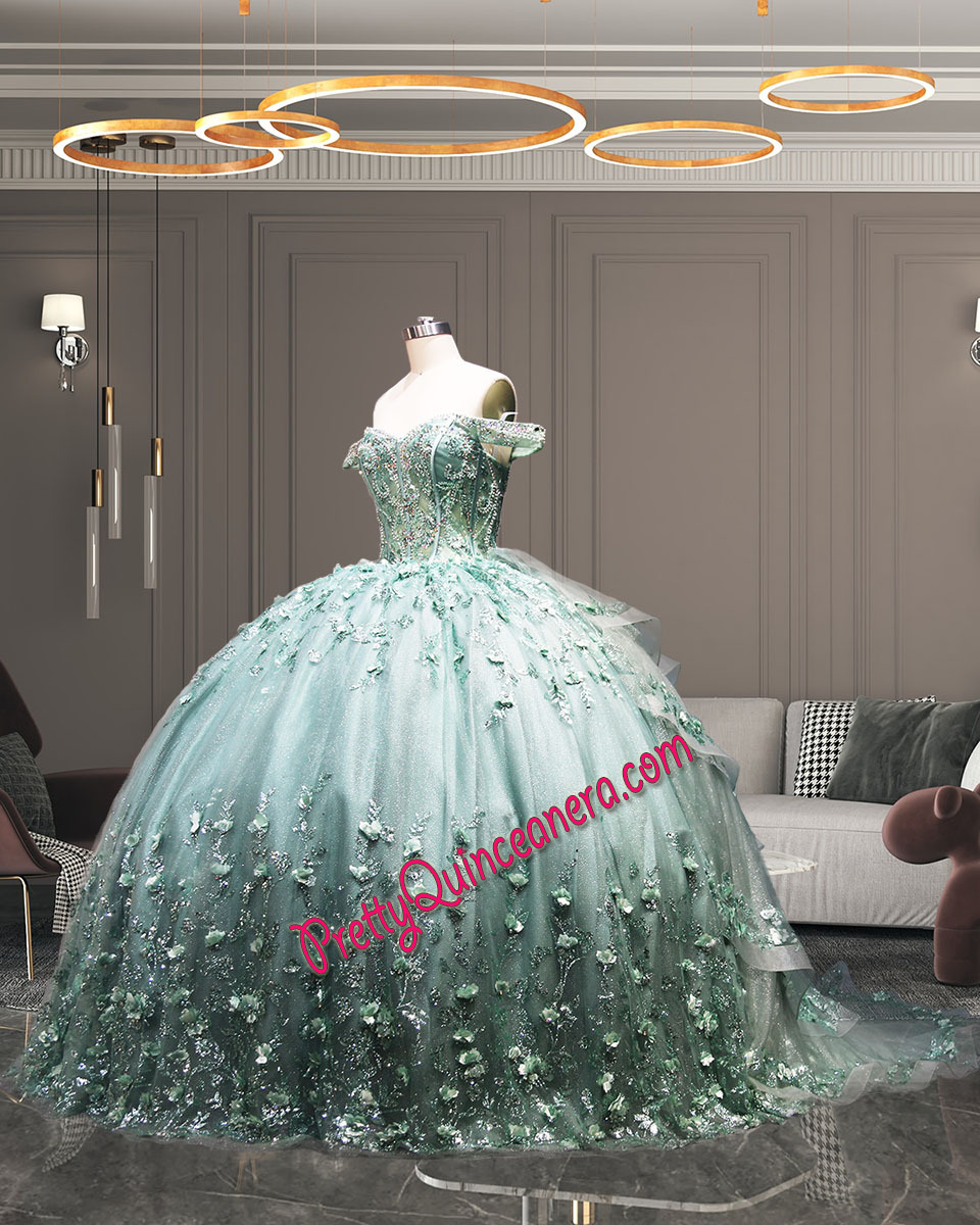 Sparkly Lace Sage Detachable Layers Skirt Quinceanera Dress with 3D Flowers