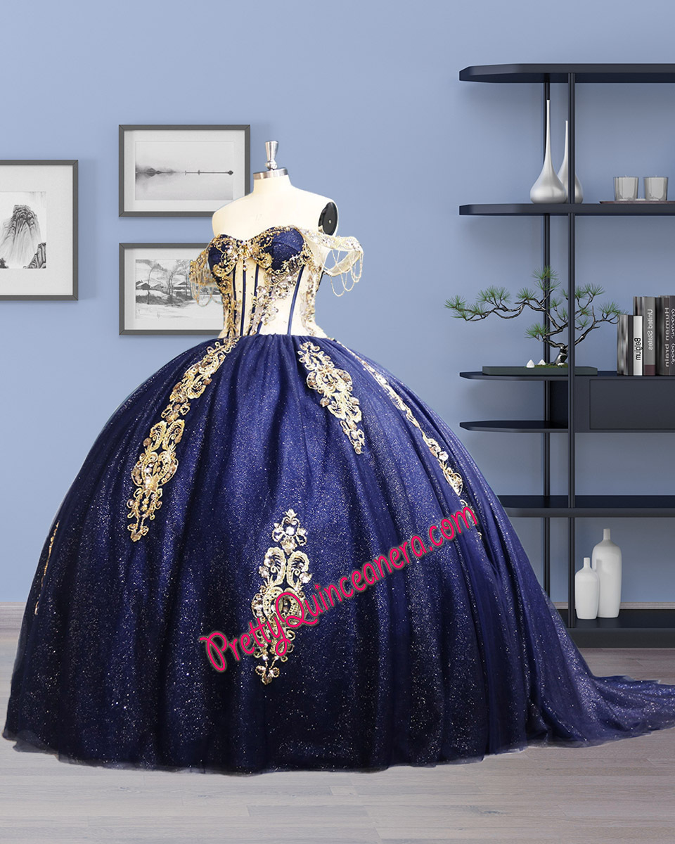 Custom Made Navy Blue and Gold Glitter Illusion Quinceanera Dress with Train