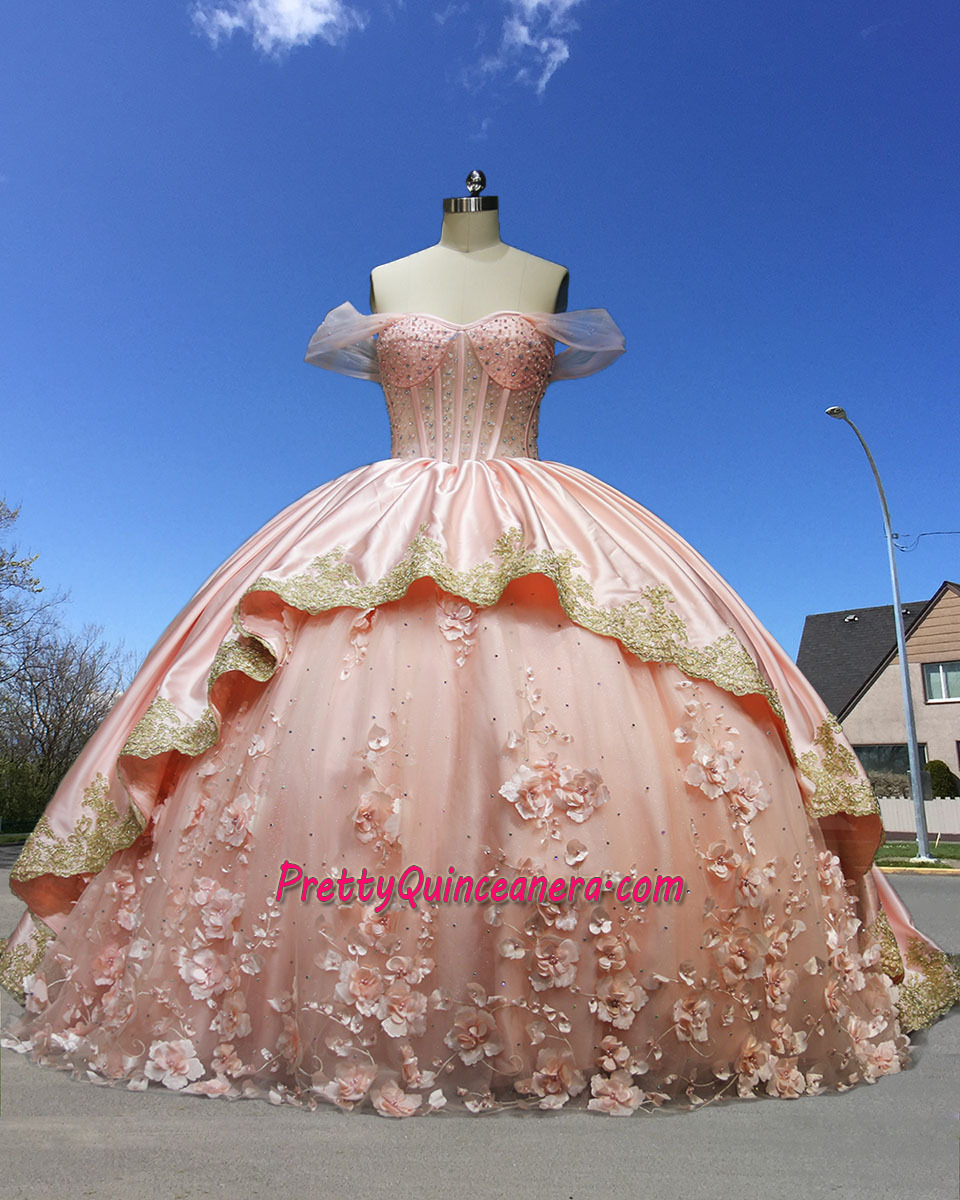 Customized Blush Illusion 3D Floral Quinceanera Dress with Satin Train