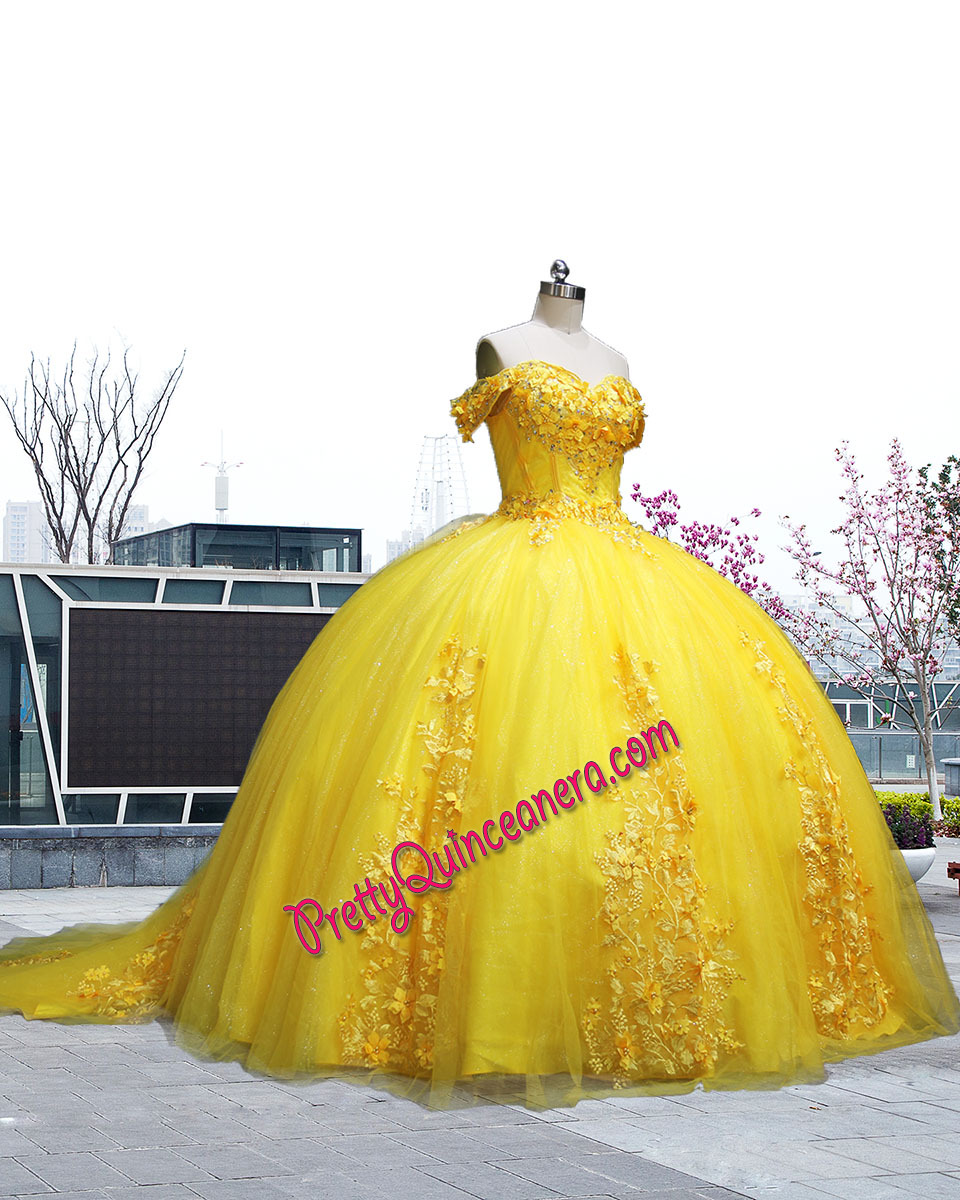 Discount Golden Yellow Off the Shoulder 3D Flowers Quinceanera Dress with Train