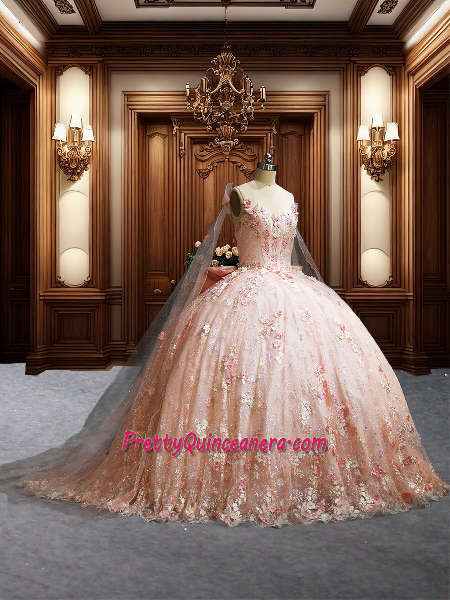 Enchanting Strapless Cracked Ice Quinceanera Dress with Floral Accents and Sparkling Detail