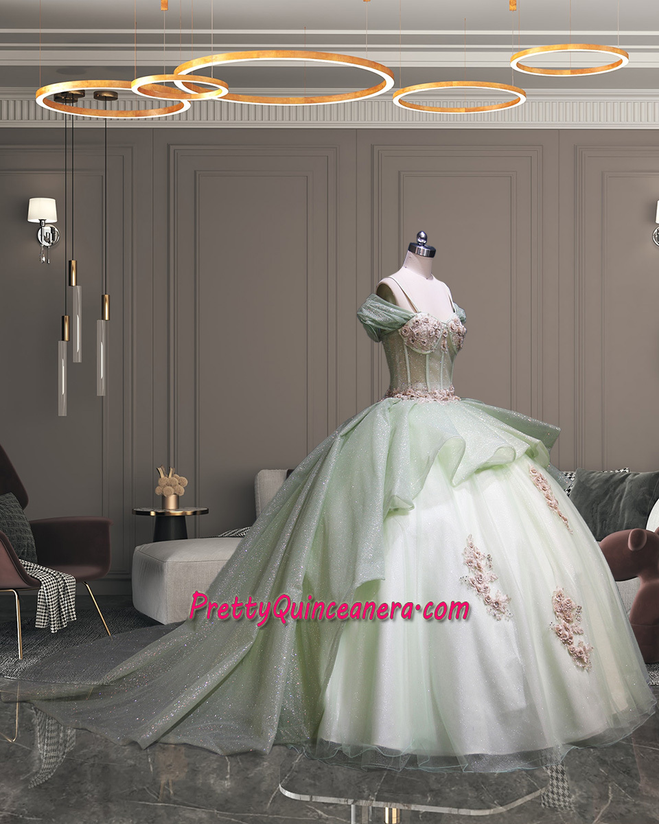 Glitter Tulle Sage Illusion Bodice Quinceanera Dress with Train and Champagne Flowers