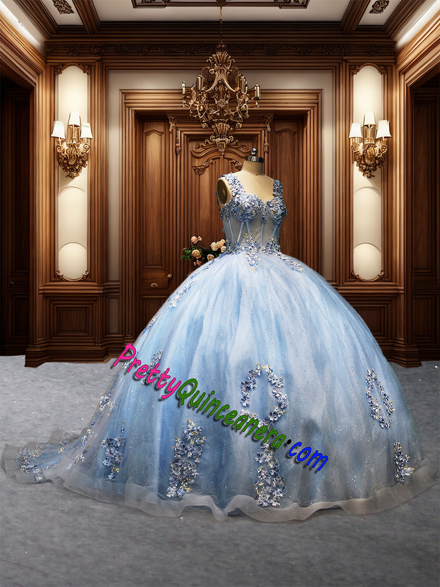 Light Blue Floral Illusion Quinceanera Gown has Long Train with Colorful Flowers