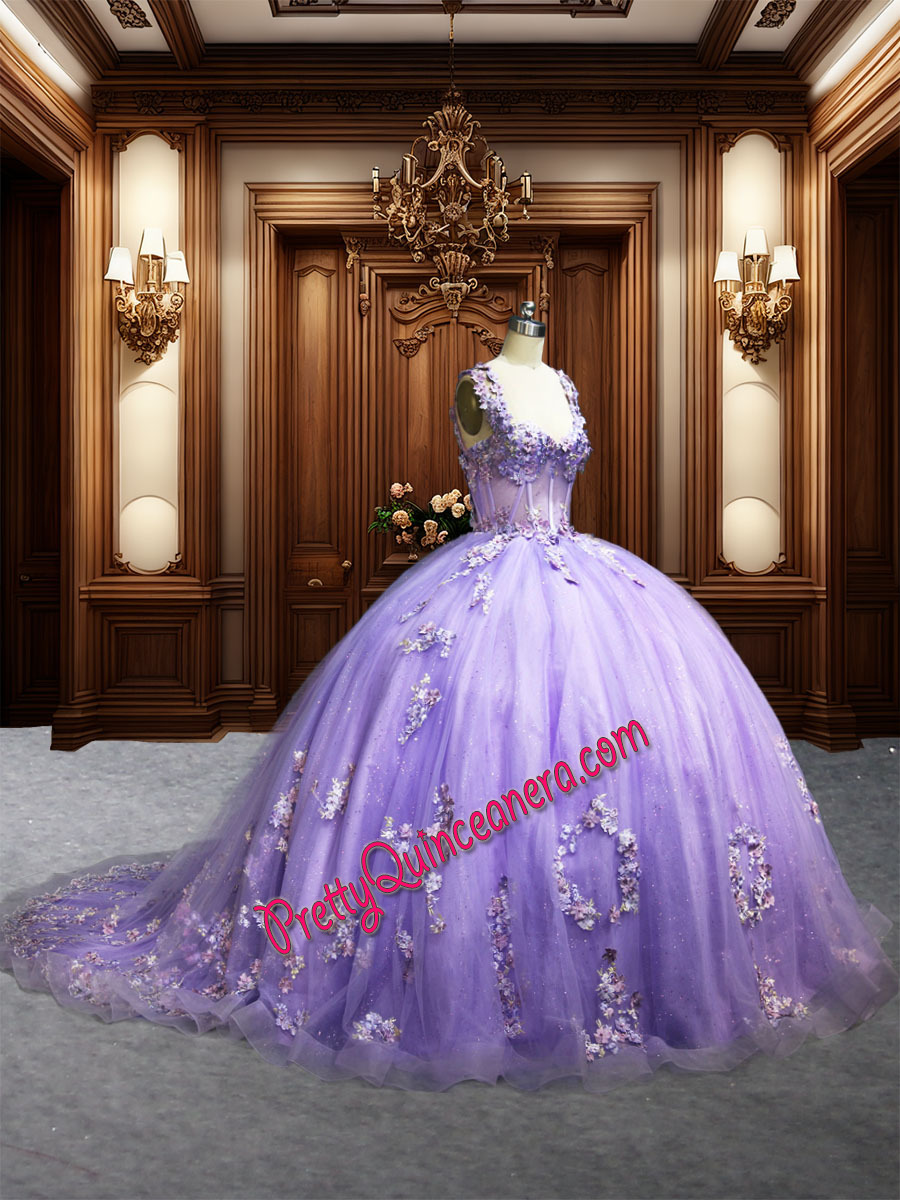 Lilac Illusion Glitter Tulle Multi-color Floral Quinceanera Dress with Train