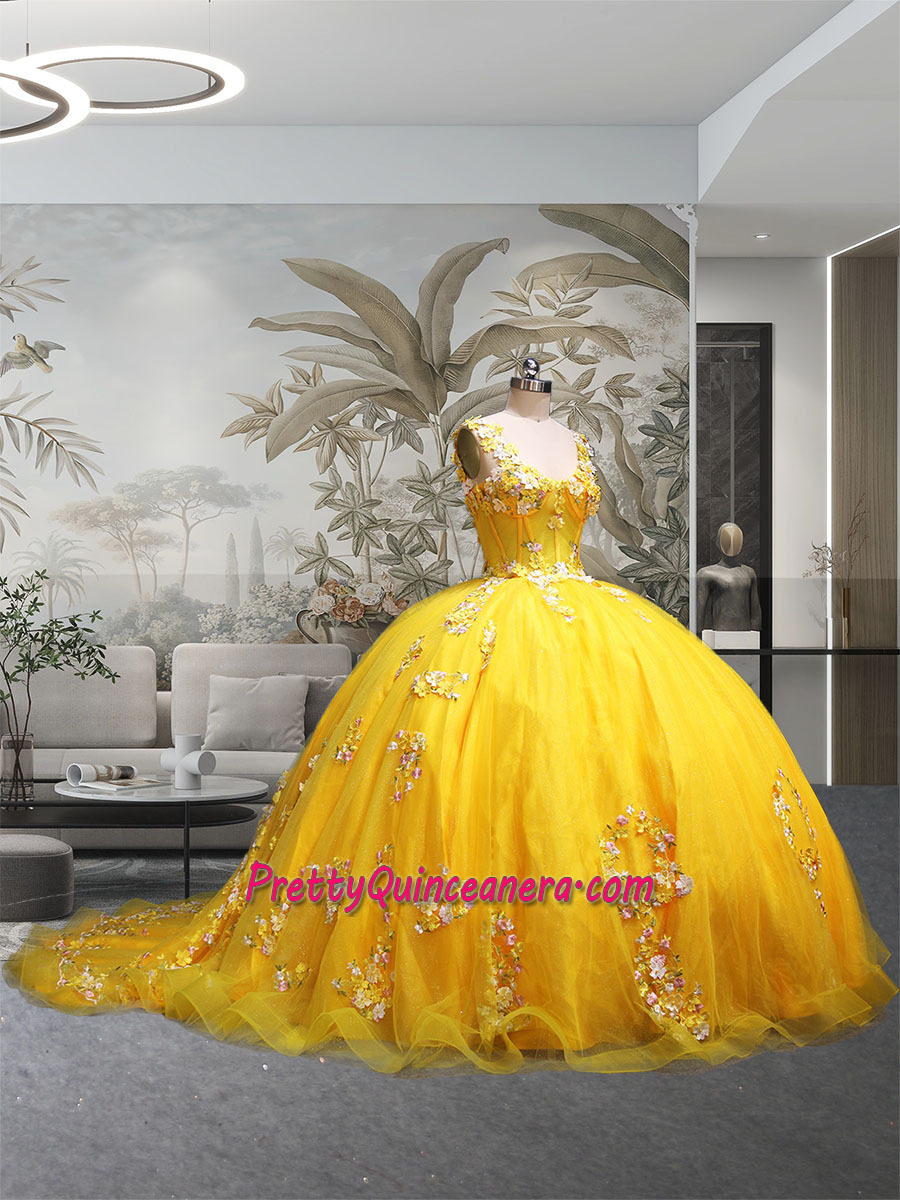 Long Train and See Through Bodice Off the Shoulder Quinceanera Dress in Gold Yellow
