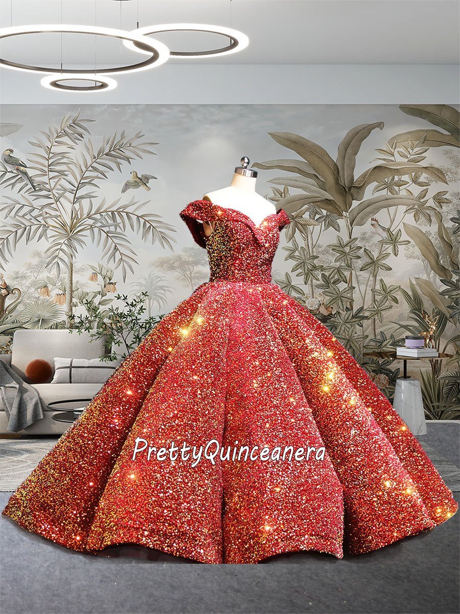 Luxurious Sparkle Sequined Quinceanera Birthday Dress Off Shoulder Sleeveless with Pleats Sequin