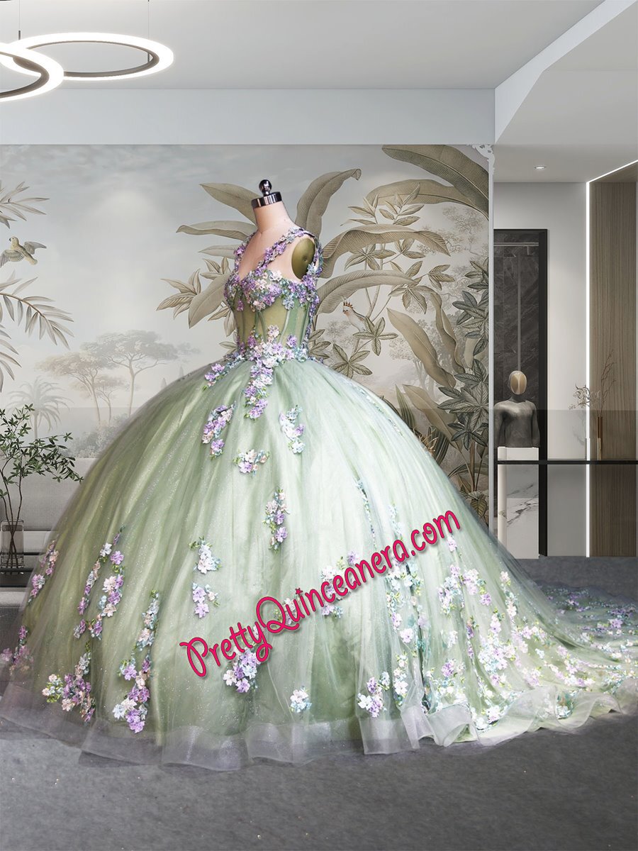 Popular Sage Green Off the Shoulder Quinceanera Gown with Multi-Color Flowers and Train