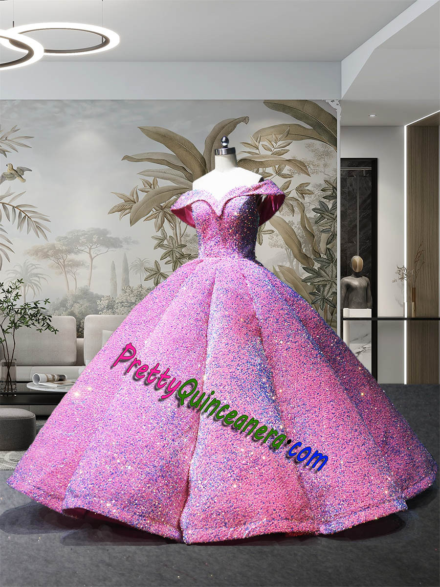 Princess Bright Pink Full Sequins Quinceanera Dress Off Shoulder Gillter Crystal Sequins