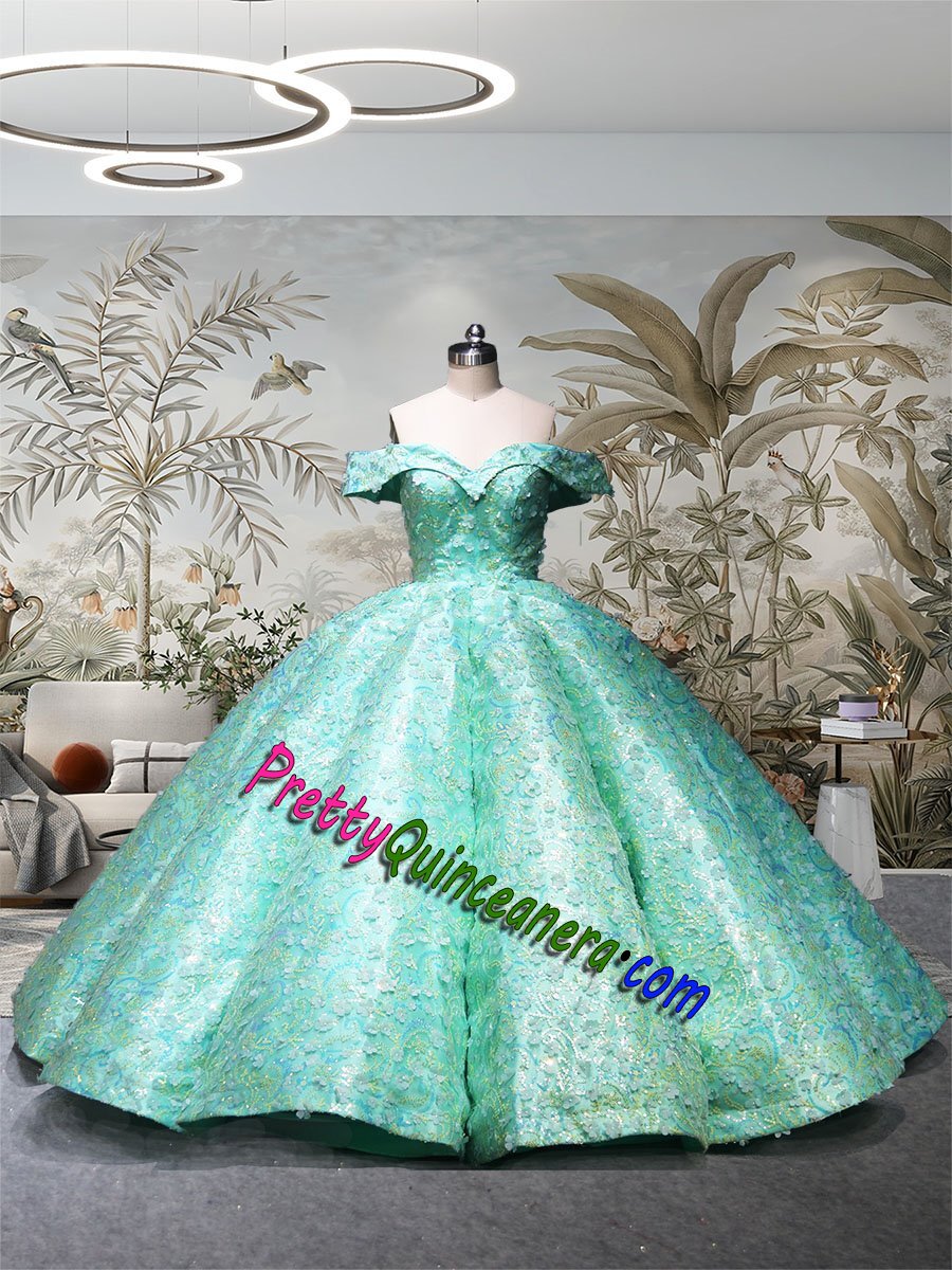 Sparkly Mint Sequin Floral Quinceanera Dress Long Off Shoulder Puffy Glitter Ball Gown