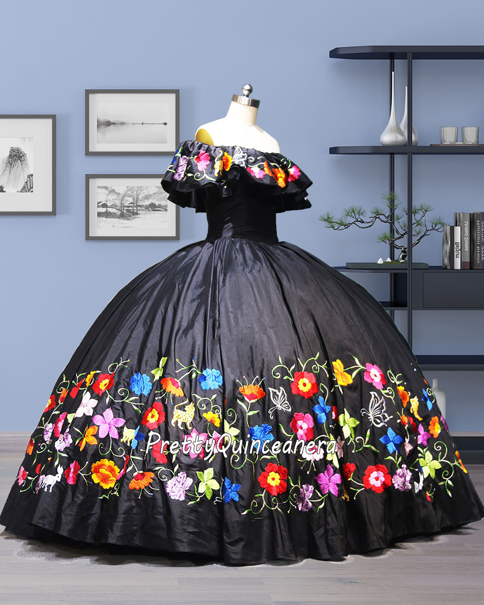Black Charro Style Colorful Embroidery Quinceanera Dress with Flowers and Animals Pattern