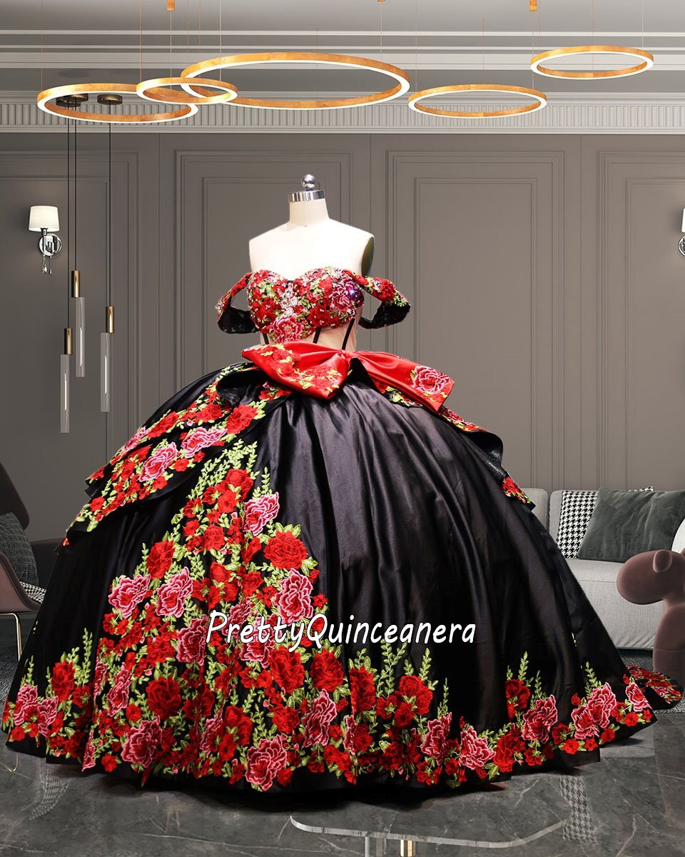 Black and Red Three Layers Off Shoulder Ilusion Mexican Quinceanera Dress with Train