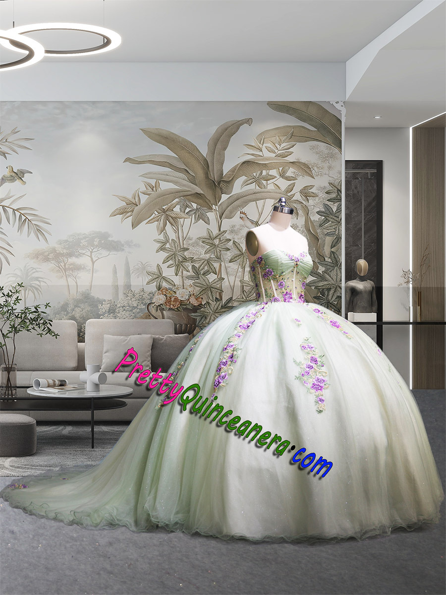 Illusion Sweetheart Detachable Sleeves Sage Color Quinceanera Dress Embroidery