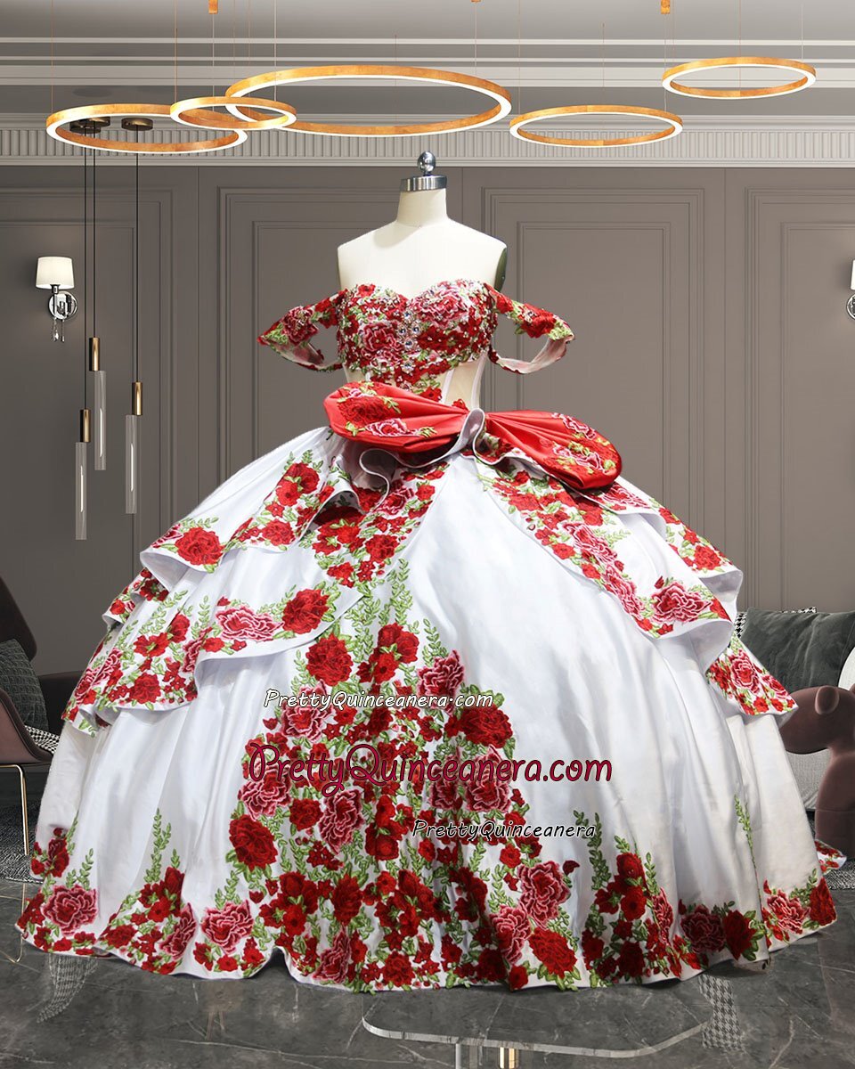 White and Red Mexican Themed Long Train Rose Florfal Quinceanera Dress with Big Bow