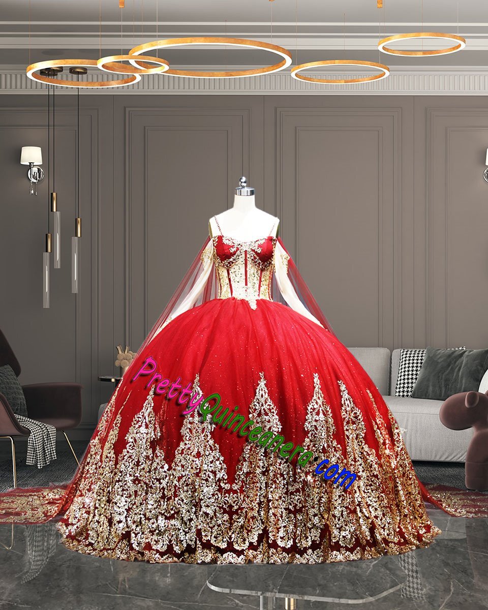Long Sleeve Illusion Wine Red and Gold Glitter Tulle Quinceanera Dress with Cape