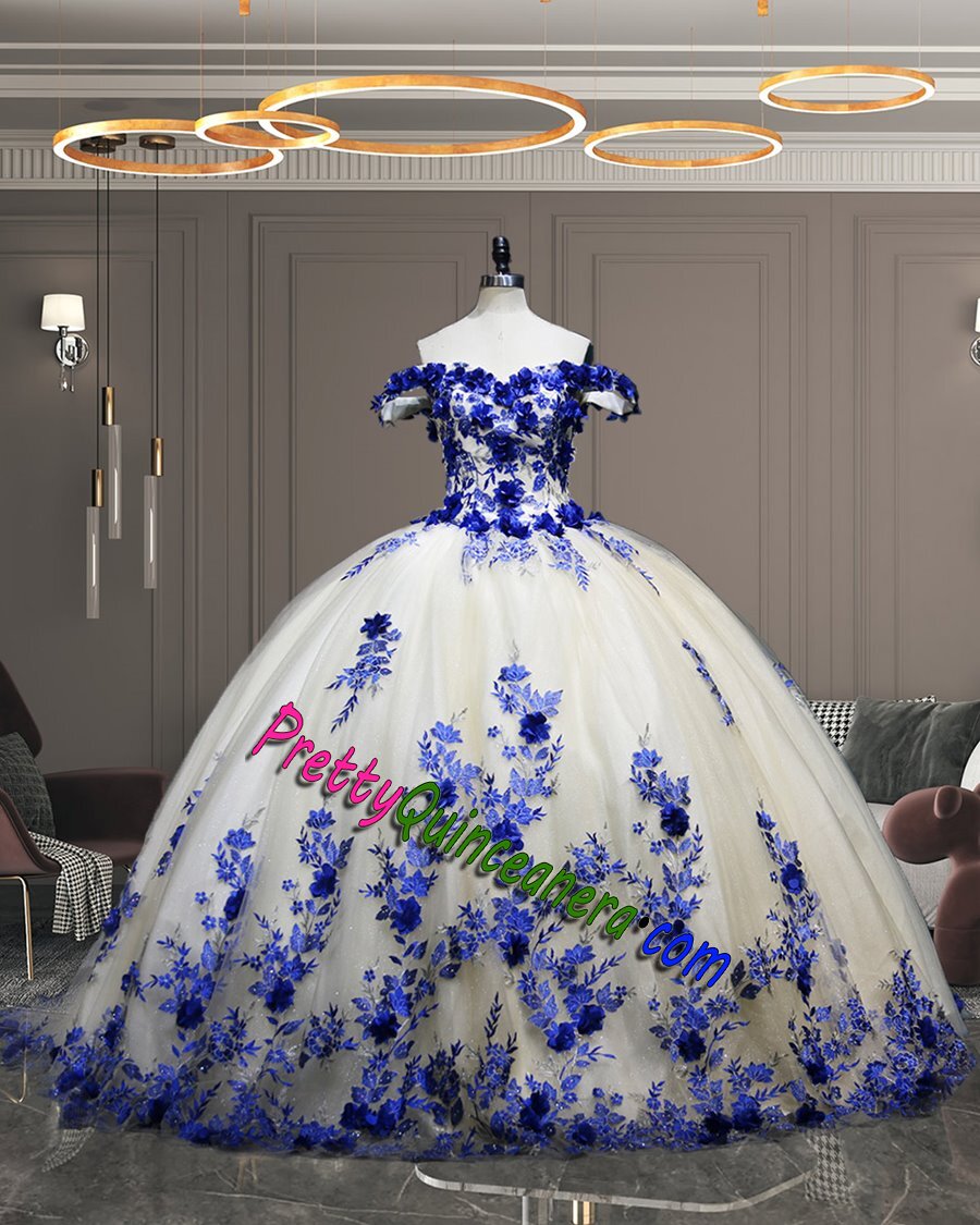 Champagne Embroidered 3D Floral Off Shoulder Quinceanera Ball Gown with Cap Sleeves