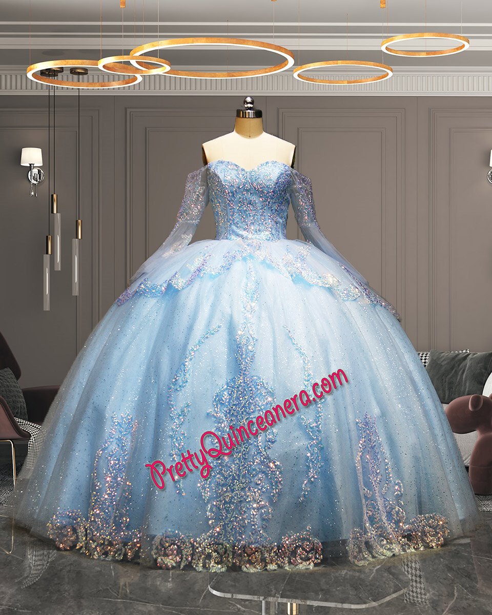 Sparkly Sequin Lace Long Sleeve Sweetheart Glitter Tulle Quinceanera Dress
