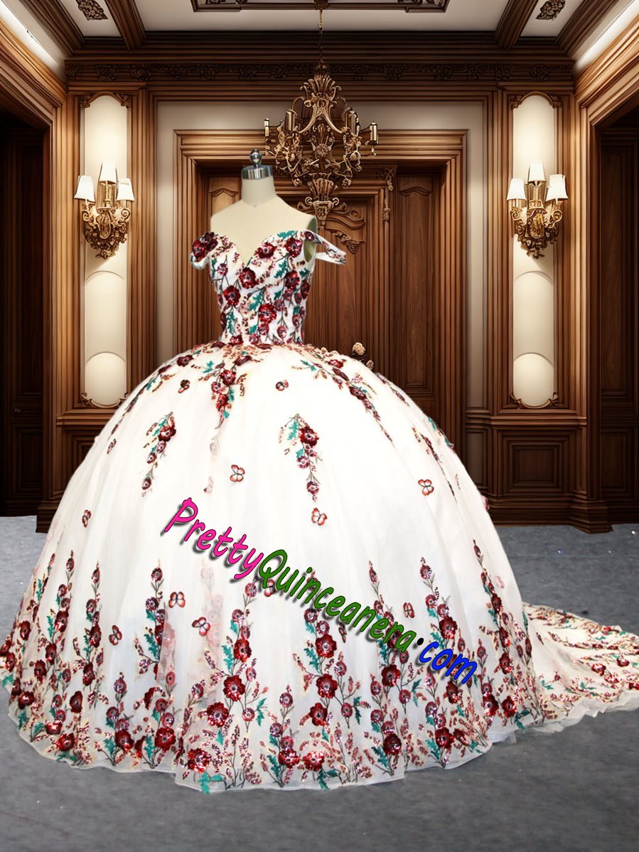 Elegant White and Red Sequined Rose 3D Flowers Quinceanera Ball Gown with Train