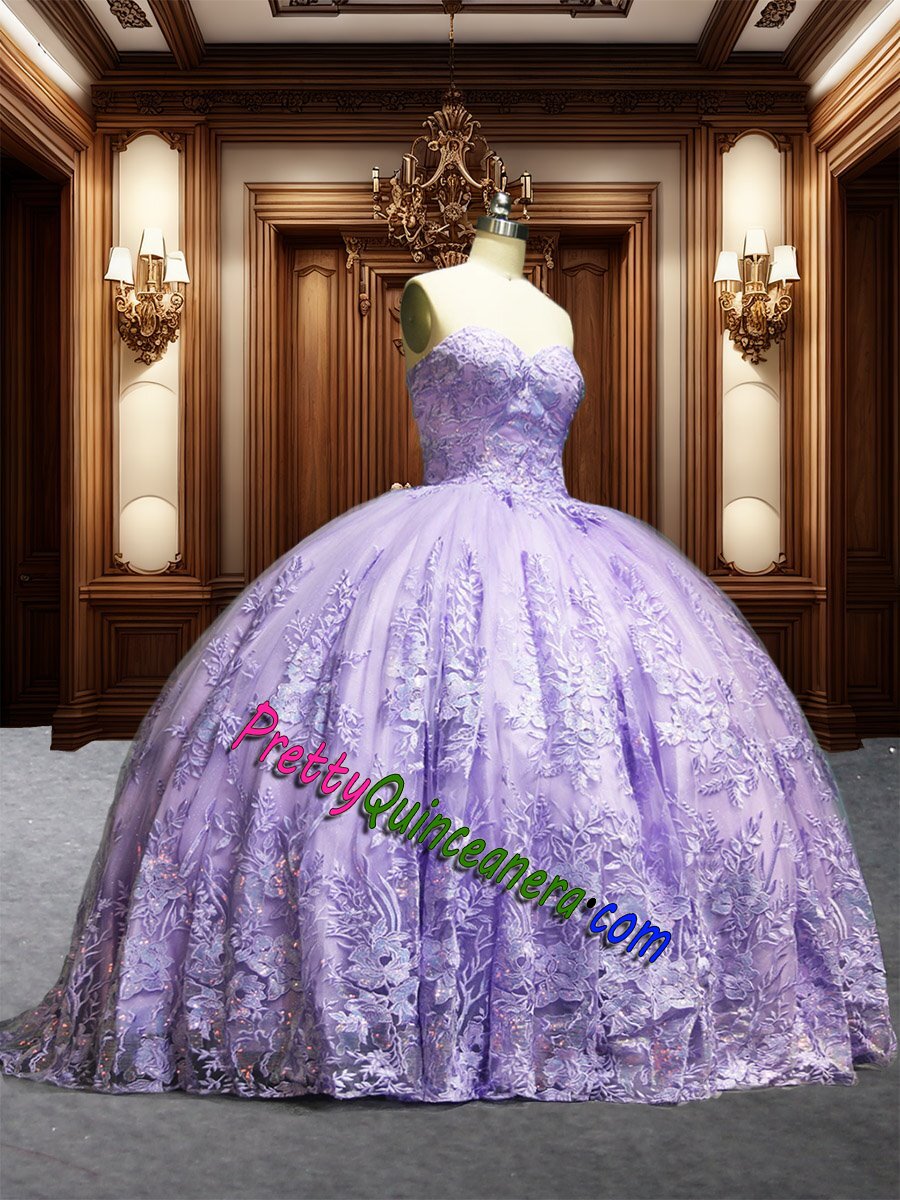 Light Purple Sweetheart Off Shoulder Detachable Sleeve Sequin Embroidery Quinceanera Dress