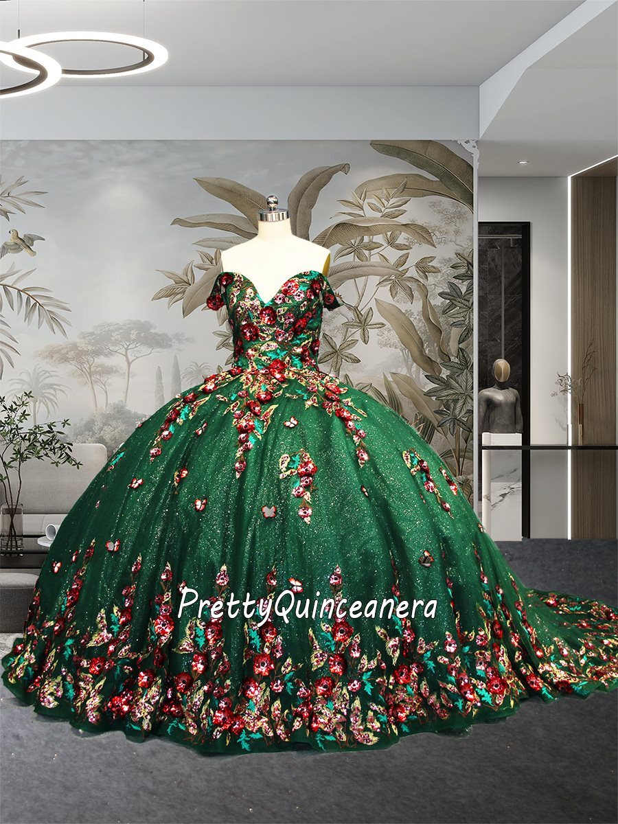 Magical Sequined 3D Rose Floral Quinceanera Dress with Royal Train in Emerald Green
