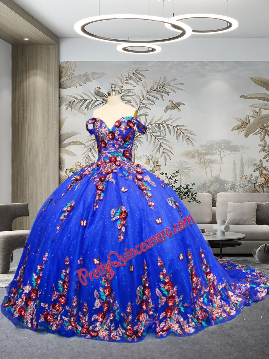Royal Off Shoulder Sweet 16 Dress Multi Color Sequined 3D Flowers Quinceanera Gown