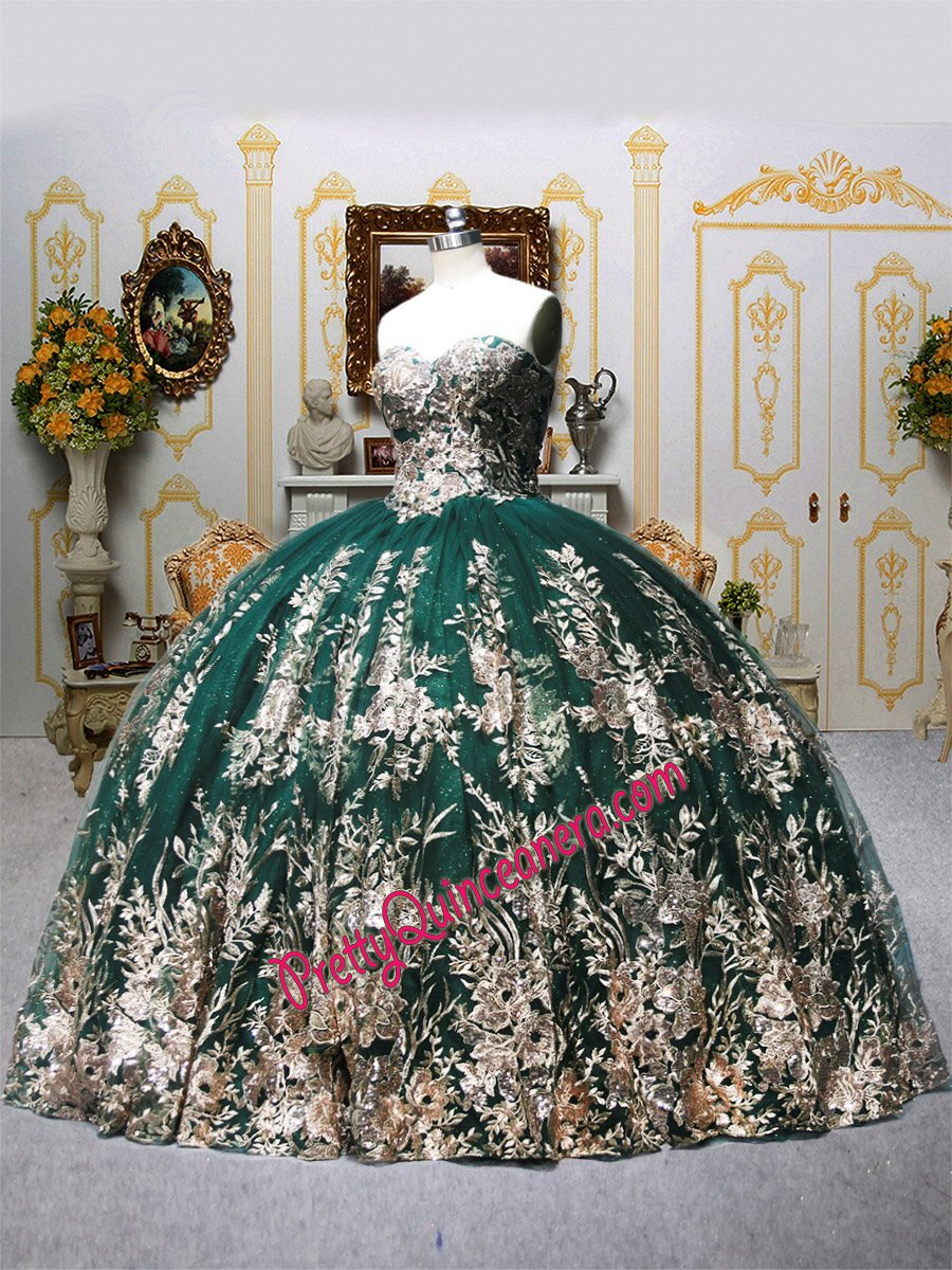 Sparkle Tulle Embroidery Lace Emerald and Gold Quinceanera Dress with Short Cape