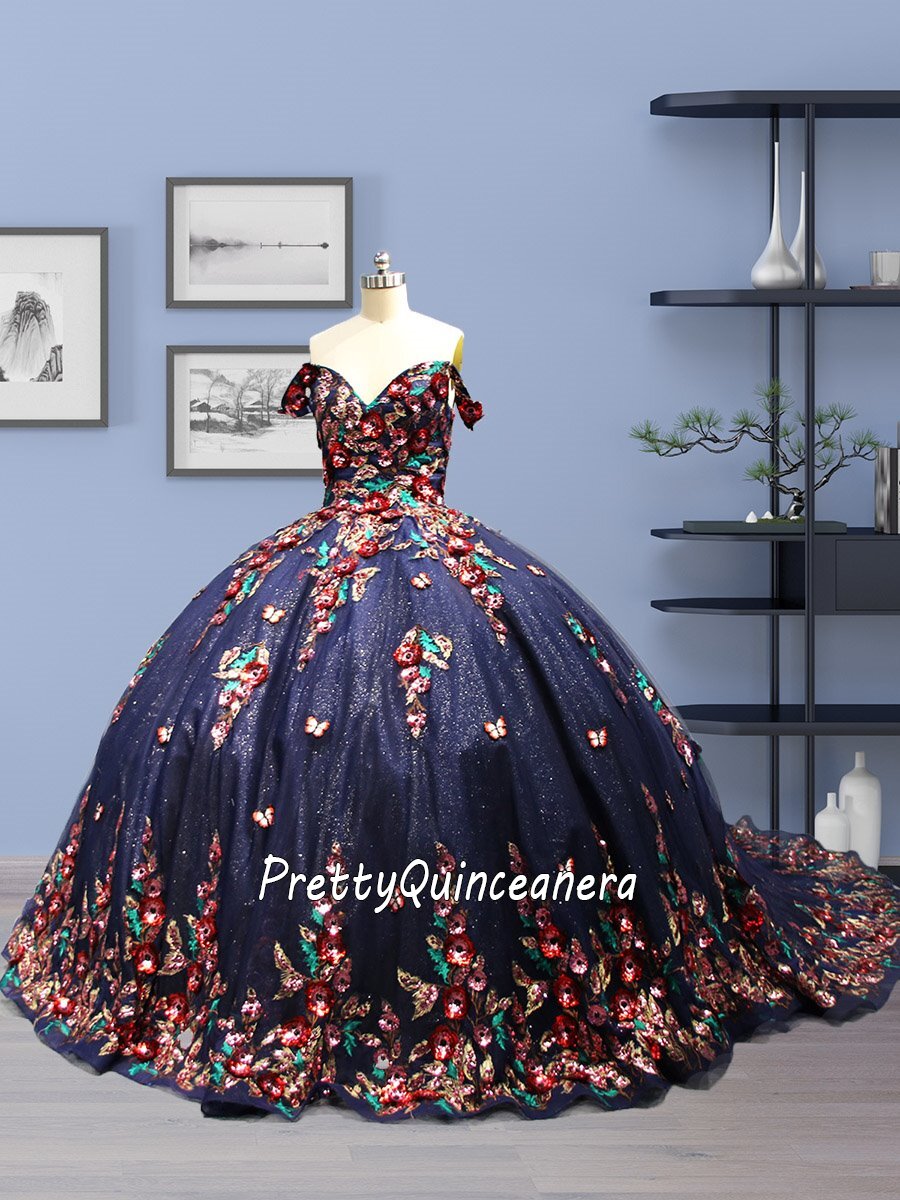 Sparkling 3D Sequined Accents Rose Sequin Navy Blue Quinceanera Dress