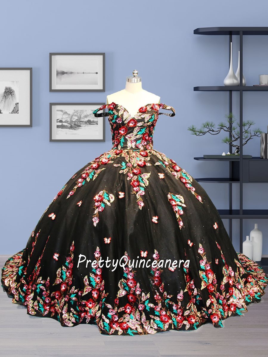 Sparkly Black and Multi Color Sequined Rose Flower Butterfly Themed Quinceanera Dress