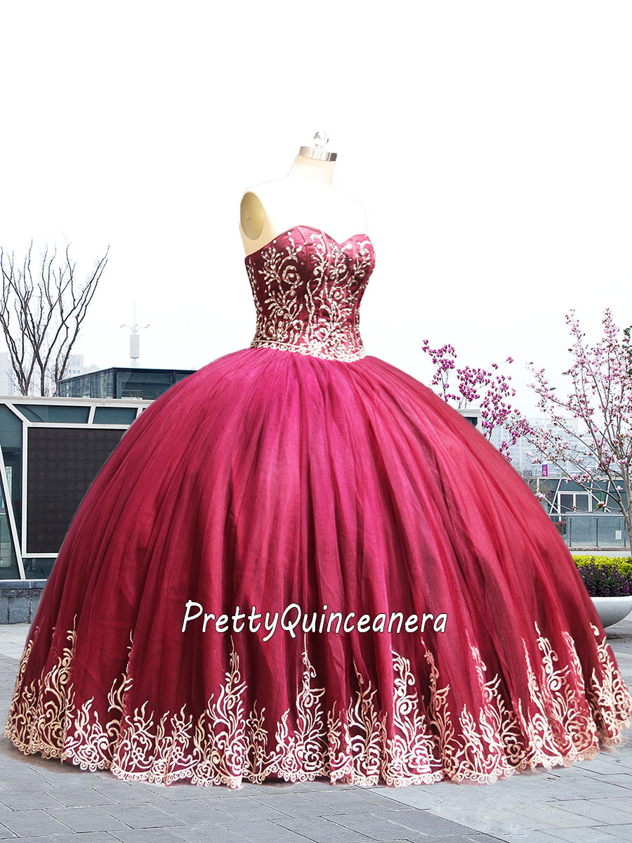 Cheap Burgundy metallic lace Glitter Tulle Quinceanera Dress without Train