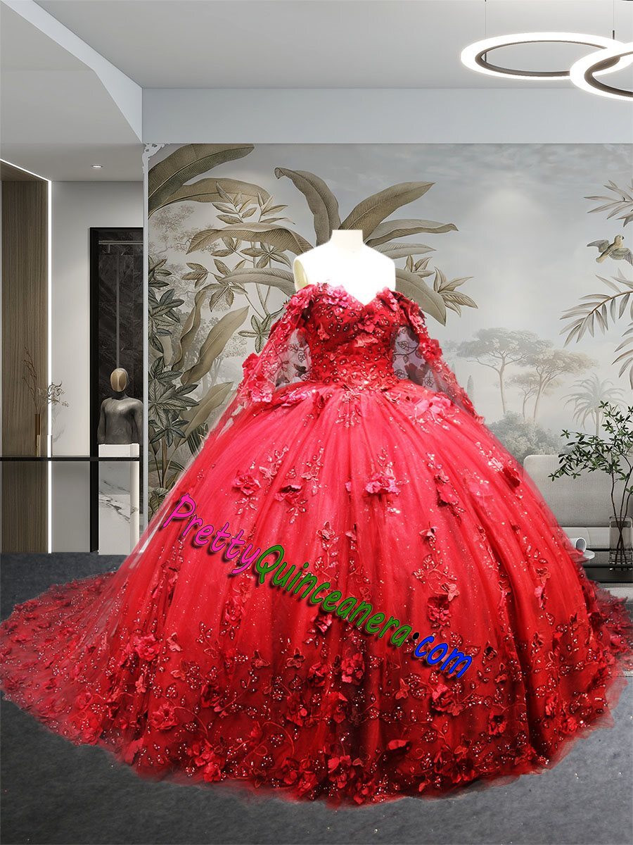 Glitter Net Beaded Embroidery with 3D Flowers and Butterfly Quinceanera Dress with Cape