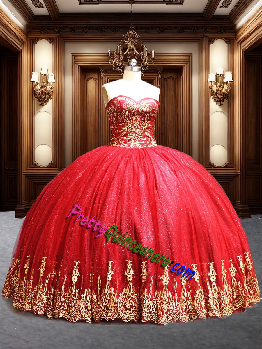 Glitter Tulle Strapless Sweetheart Floor Length Quinceanera Dress Red and Gold