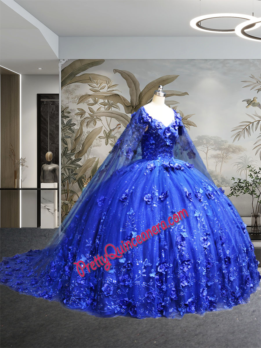 Sweetheart Detachable Cape Train Butterfly Lace Floral Quinceanera Dress Royal Blue