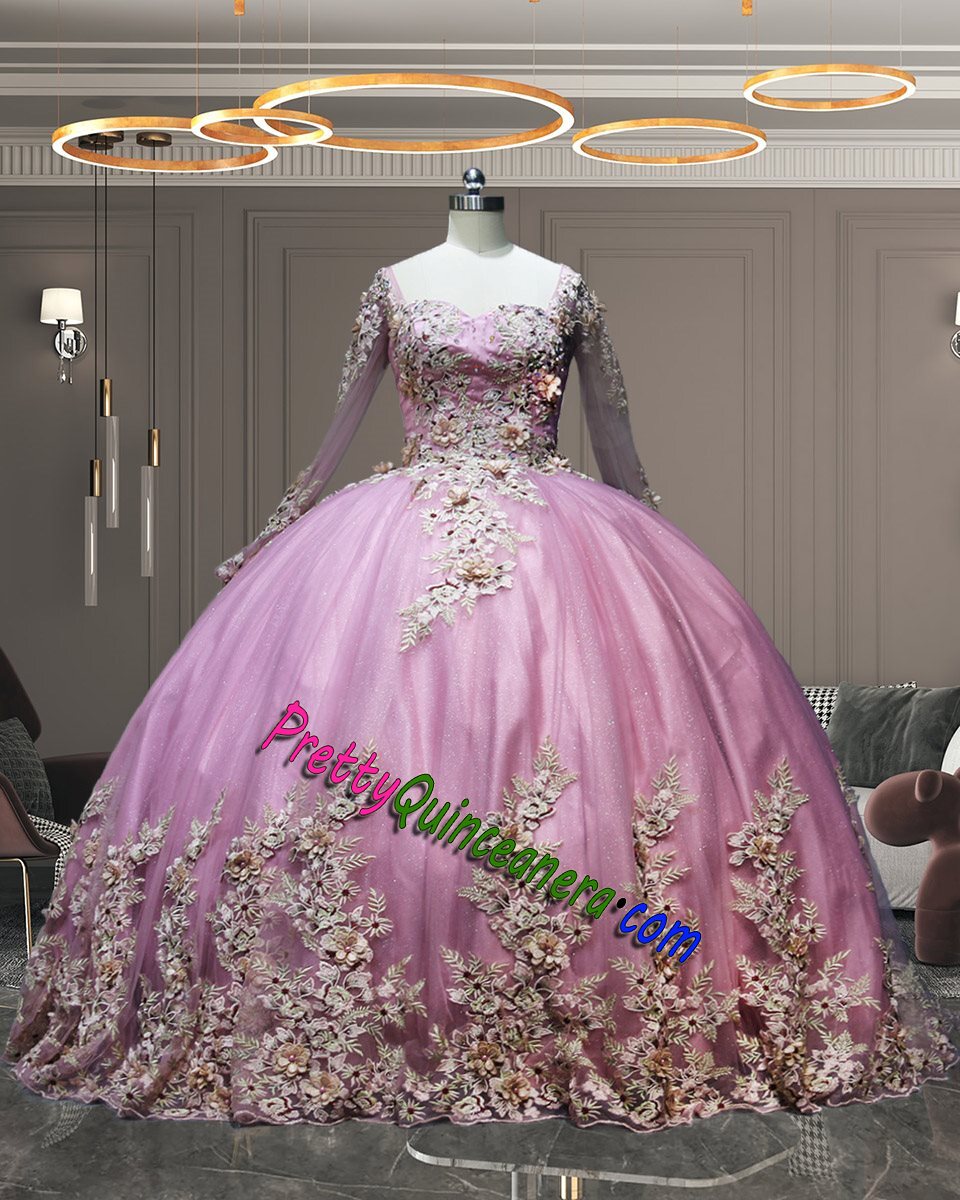 Dusty Pink Long Sleeves Quinceanera Dress with Floral Design Train and Open Back